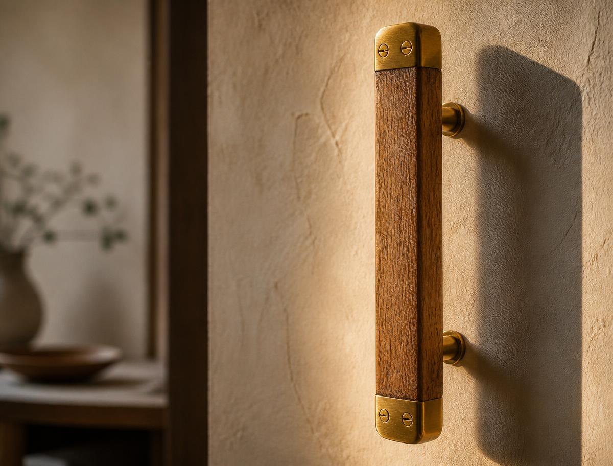 Hand-planed oak and brass door pull mounted on a plaster wall