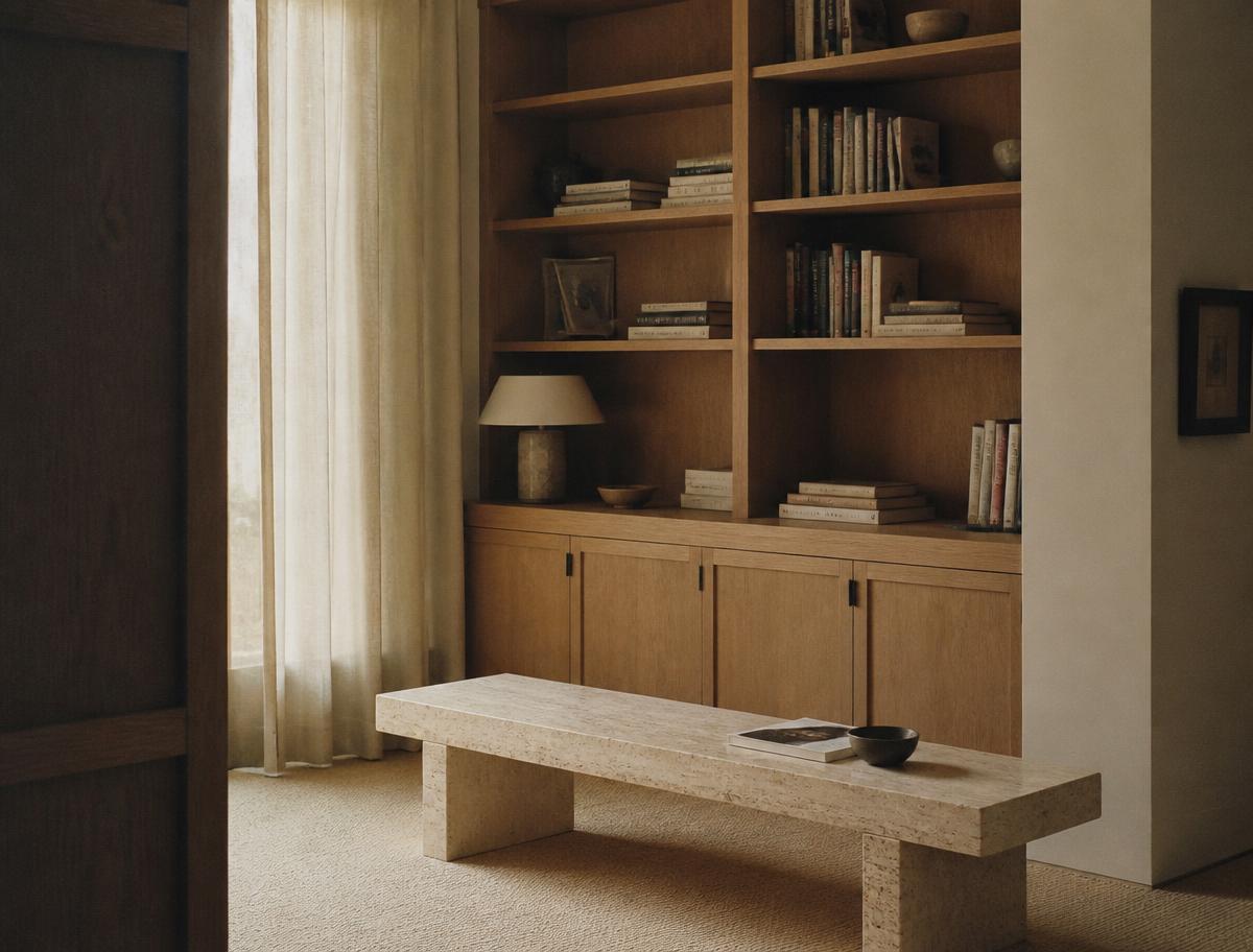 Reading room with oak joinery, linen curtain and a travertine bench